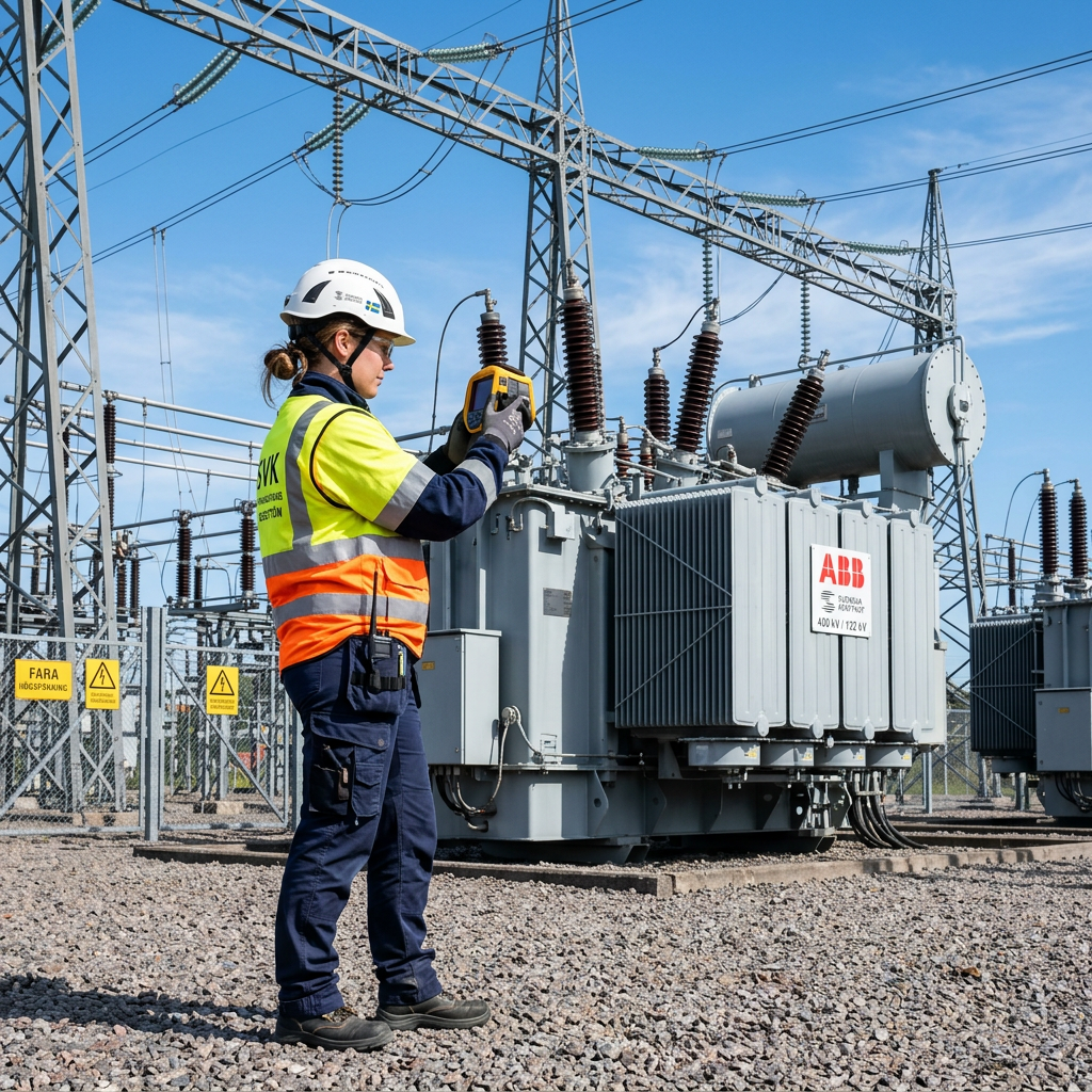 Elektriker som arbetar vid en högspänningsanläggning för Auktorisation A