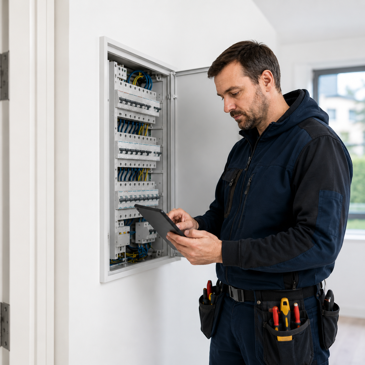 Elektriker vid ett skåp